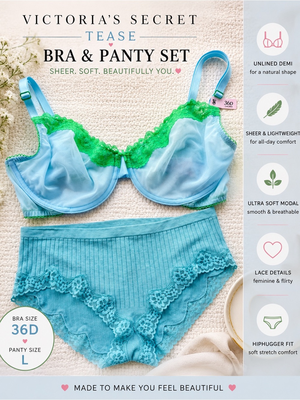 Victoria’s Secret Tease Unlined Demi Bra + Modal Hiphugger Set